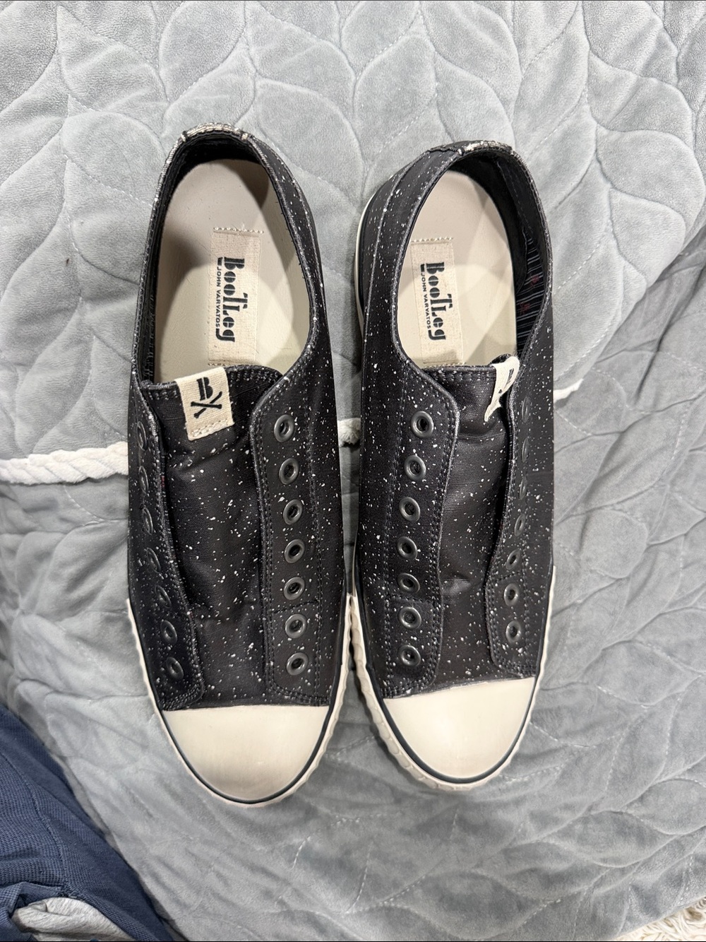 John Varvatos Black Speckled Slip-On Sneakers with White Toe